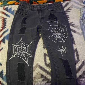 Black Denim Jeans with Spider Web Design